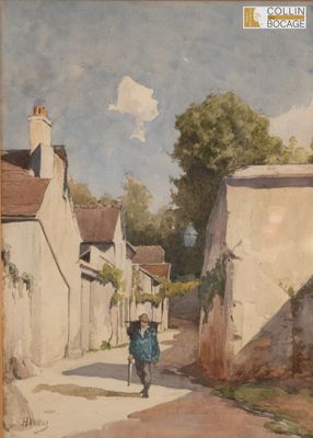 un tableau représentant une personne marchant dans la rue