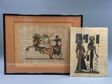 two framed pictures of egyptian art and a picture of a man