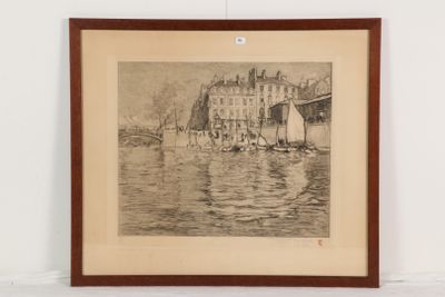 dessin représentant un bateau sur un plan d'eau, avec des bâtiments en arrière-plan
