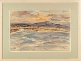 une image représentant une aquarelle d'un coucher de soleil sur une plage