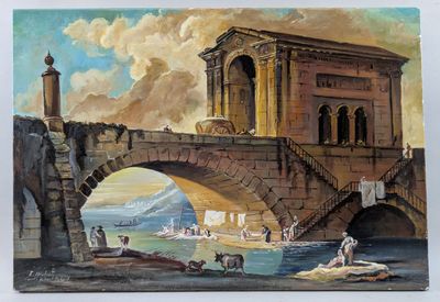 une peinture représentant une peinture d'un pont sur lequel se trouvent des personnes