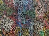 abstract painting of colorful brush strokes and lines on a black background