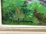 an oil painting of a river running through a lush green forest
