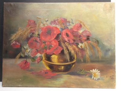 a painting of flowers in a gold vase on a table