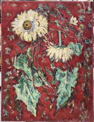 une peinture à l'huile représentant un tableau de fleurs sur fond rouge