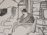 a black and white drawing of a woman sitting in a chair