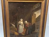 un vieux tableau représentant une femme dans une grange en compagnie d'autres personnes