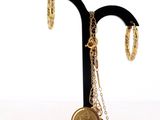 necklace and earring holder with a gold coin on a black stand