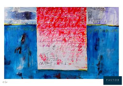 peinture abstraite représentant un tableau rouge et bleu sur lequel figurent des inscriptions