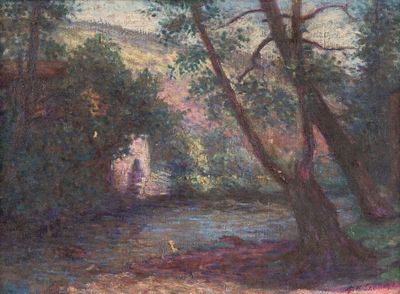 un tableau représentant une rivière qui traverse une zone boisée