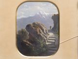 an image of a painting of a mountain scene with a man on a stairway