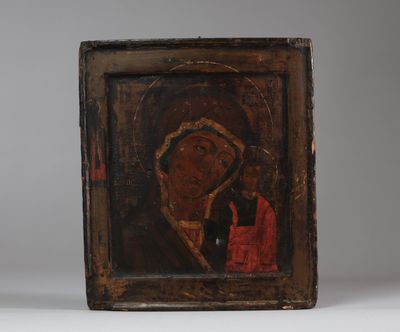 Icône orthodoxe sur panneau de bois représentant la Vierge à… - Photo 1