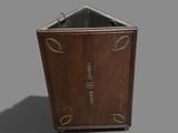 an image of a wooden trash can with a metal lid