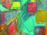 tableau représentant une peinture abstraite colorée d'un bâtiment comportant de nombreuses fenêtres