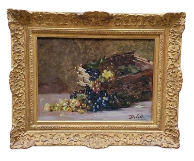 une peinture à l'huile représentant un panier de raisins et des raisins posés sur une table