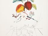 drawing of two apples on a branch with leaves and flowers