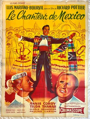 une vieille affiche de cinéma représentant un homme en costume mexicain