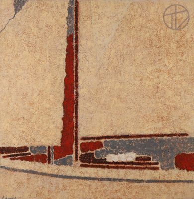 an image of a painting of a sailboat with a red sail