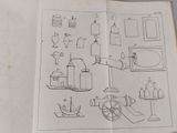a book with a drawing of various objects on it
