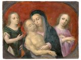 an image of a painting of a group of people holding a baby