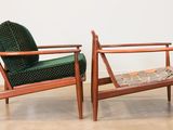 pair of mid century danish lounge chairs in teak with green velvet upholster