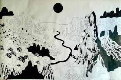 un dessin en noir et blanc représentant une montagne et une rivière