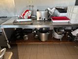 many pots and pans sitting on the counter in the kitchen