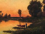 painting of a painting of a man and two cows by a river