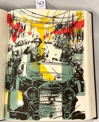 an open book with a drawing of a man in a car