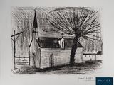 dessin représentant une église avec un arbre au premier plan et une éolienne à l'arrière-plan