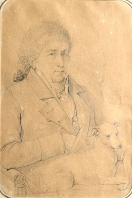 un vieux dessin représentant un homme tenant un chien sur ses genoux