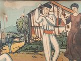 a painting of a group of people playing a game of baseball