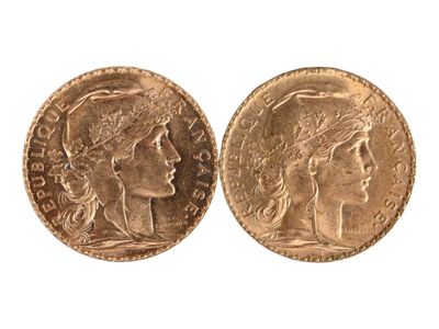 Deux pièces de vingt francs or au coq, 1910 et 1912. Usures. - Photo 1