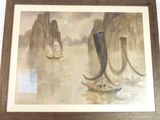 a picture of a painting of boats in a body of water