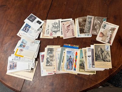 a table with a lot of stamps on it