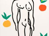 une image représentant un dessin d'une femme nue entourée d'oranges
