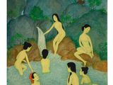 a painting of a group of naked women sitting around a body of water