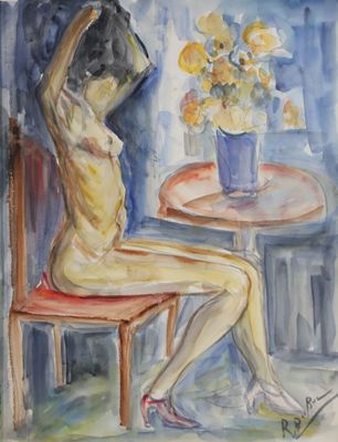 Roland DUBUC (1924-1998) Nu se coiffant Aquarelle signée en …