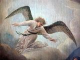 painting of an angel flying over a man with a sword