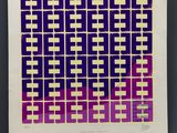 an image of a purple and yellow art piece hanging on a wall