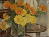 une peinture de fleurs dans un vase sur une table