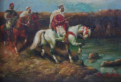 a painting of a man riding a horse next to a body of water