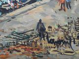 a painting of a group of people walking on a beach