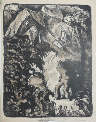 un dessin en noir et blanc représentant un village avec un moulin à vent en arrière-plan