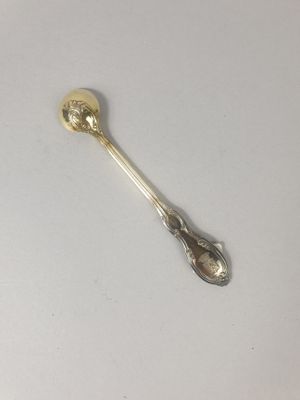 une cuillère en argent posée sur une surface blanche, avec une cuillère au milieu