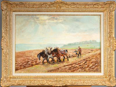 peinture représentant un attelage de deux chevaux tirant une charrue dans un champ