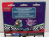 the back of a pokemon trading card with a picture of a green and purple pokemon figure
