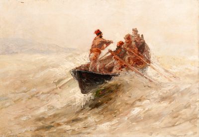 tableau représentant trois hommes dans une barque sur une mer agitée
