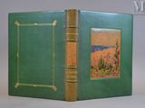 un vieux livre vert sur lequel figure l'image d'un paysage