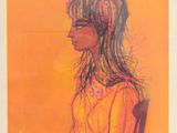 un tableau représentant une femme assise sur une chaise, sur fond jaune